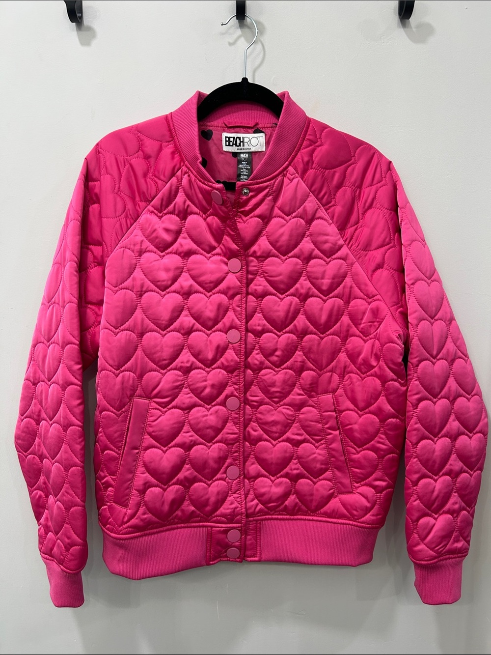 NEW- Beach Riot Hot Pink Quilted Heart Bomber Jacket